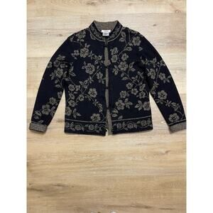 Talbots 100% Merino Wool Floral Jacquard Cardigan Frog Closure Dark Academia S